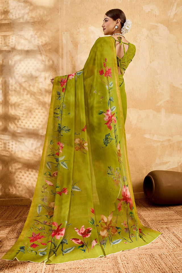 Dark Green Floral Printed Georgette Saree (ACA8116)