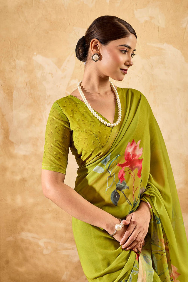 Dark Green Floral Printed Georgette Saree (ACA8116)