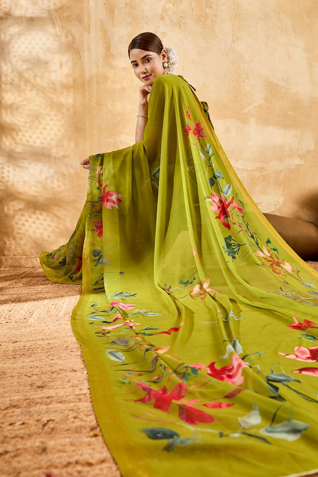 Dark Green Floral Printed Georgette Saree (ACA8116)