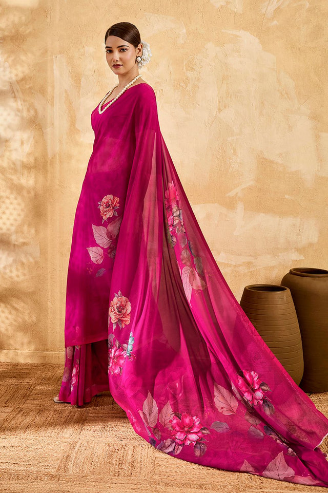 Pink Floral Printed Georgette Saree (ACA8118)