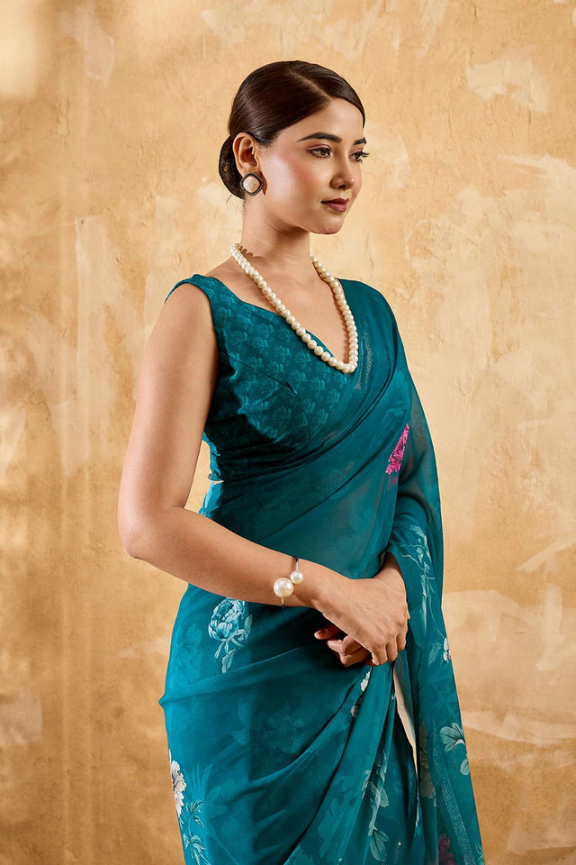 Turquoise Floral Printed Georgette Saree (ACA8119)