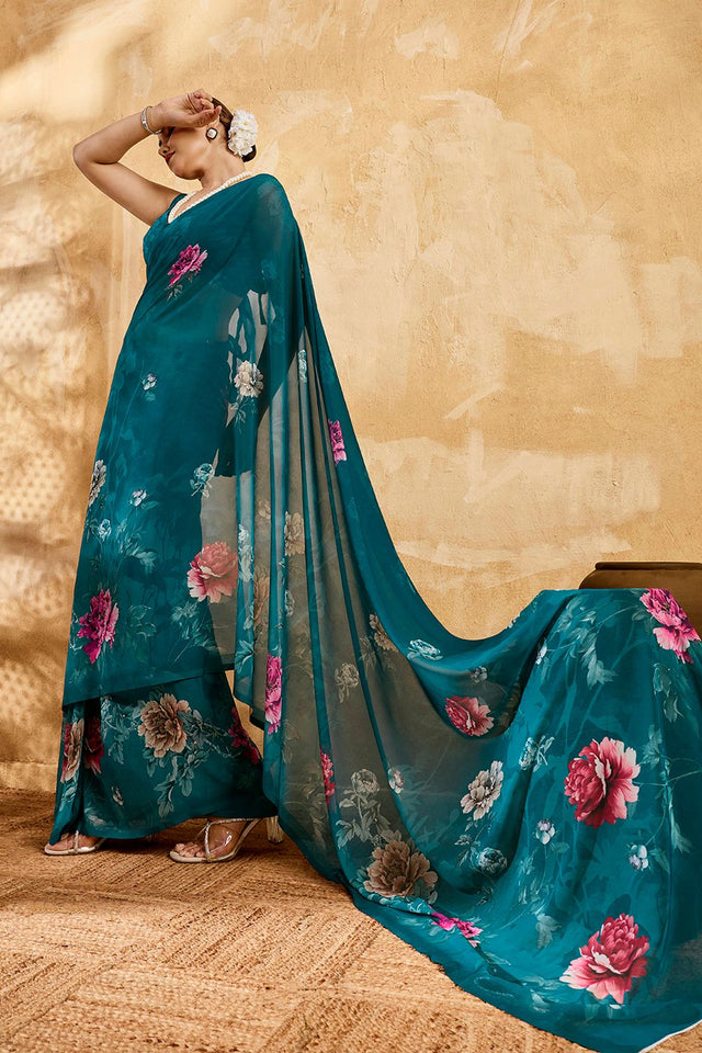 Turquoise Floral Printed Georgette Saree (ACA8119)