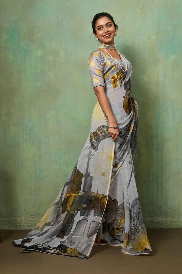 Grey Printed Georgette Saree (ACA8120)