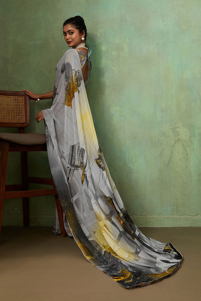 Grey Printed Georgette Saree (ACA8120)