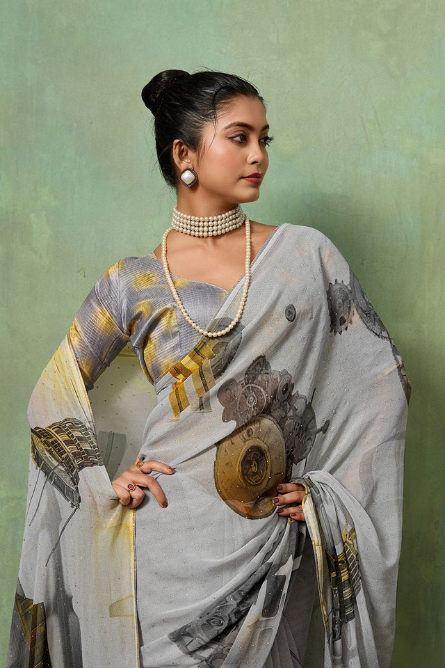 Grey Printed Georgette Saree (ACA8120)