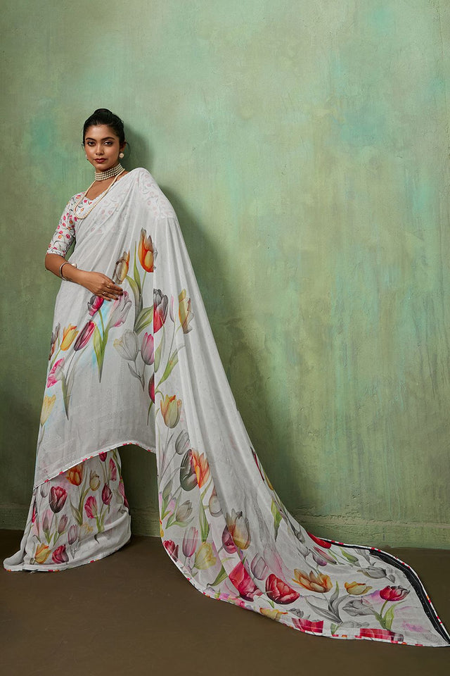 White Printed Georgette Saree (ACA8121)