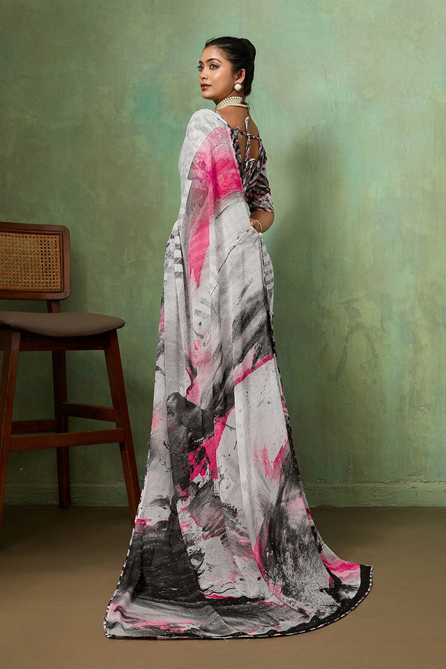 Grey Printed Georgette Saree (ACA8122)