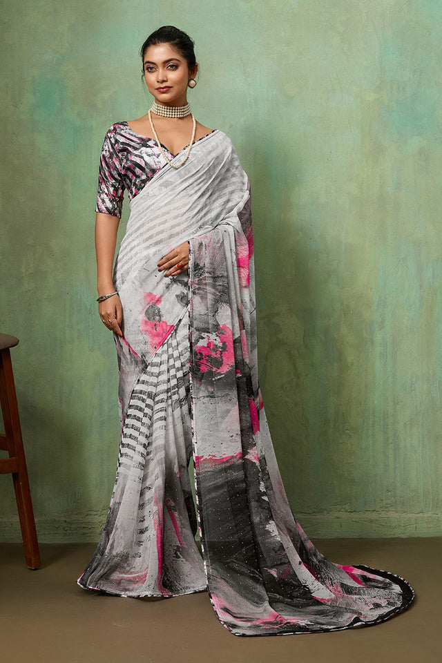 Grey Printed Georgette Saree (ACA8122)