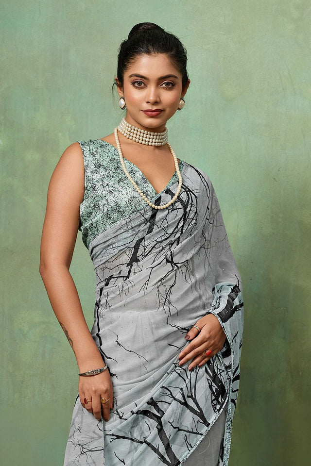 Grey Printed Georgette Saree (ACA8123)