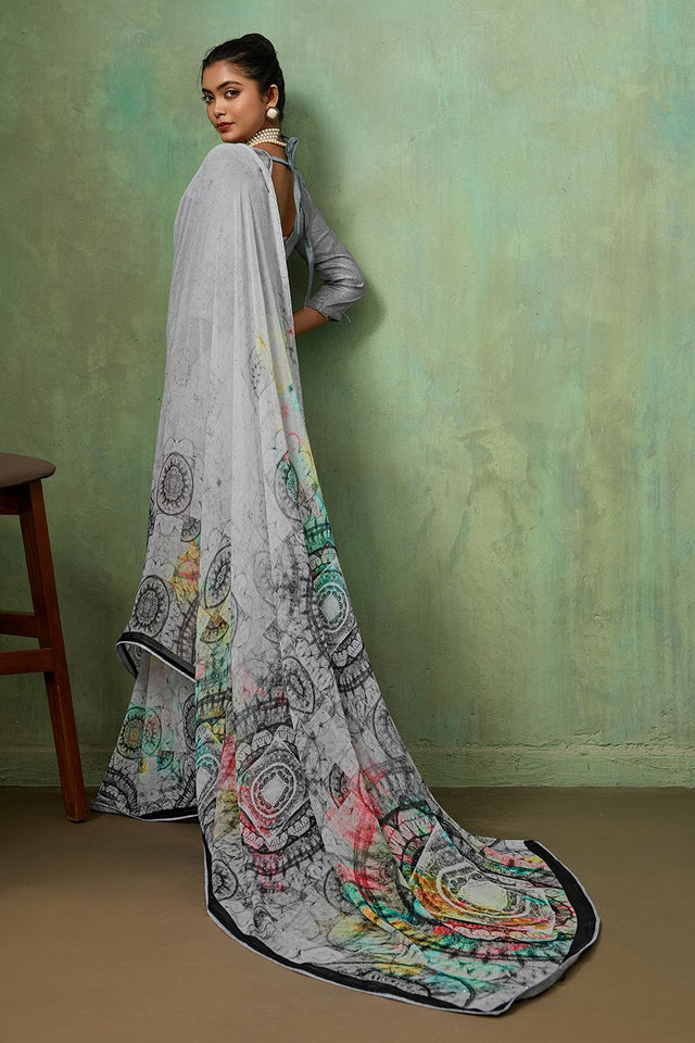 Grey Printed Georgette Saree (ACA8124)