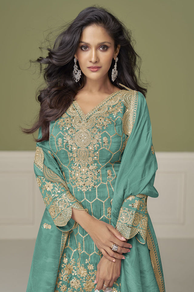 Free Size Stitched Sea Green Floral Embroidered Shimmer Sharara Suits (ACA8126)