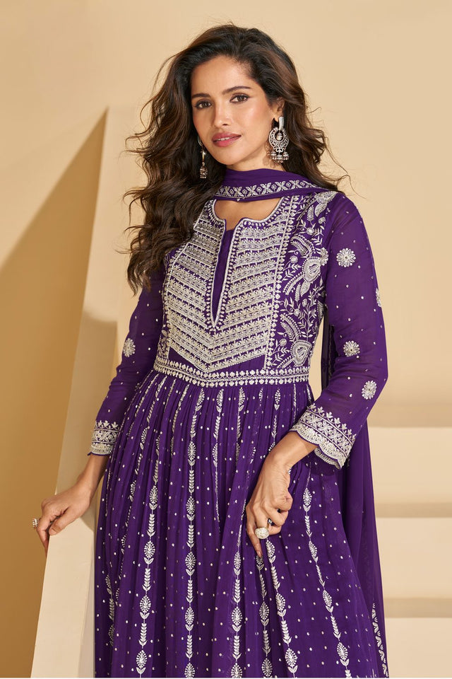 Free Size Stitched Purple Embroidered Georgette Anarkali Suits (ACA8128)