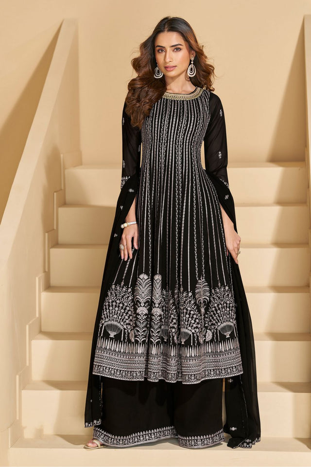 Free Size Stitched Black Embroidered Georgette Palazzo Suits (ACA8129)