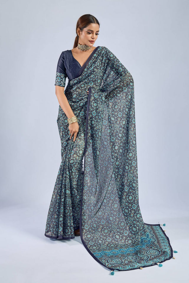 Blue Ajrakh Printed Chiffon Saree (ACA8139)