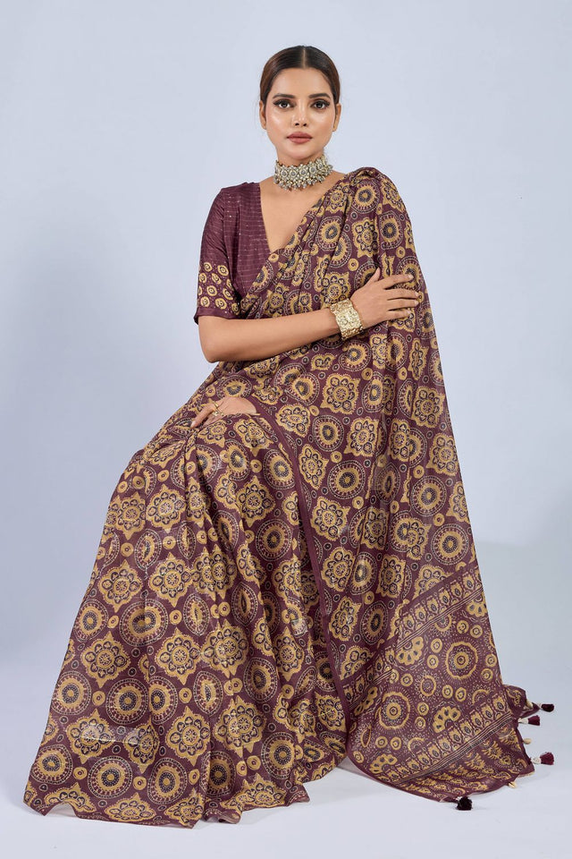 Maroon Ajrakh Printed Chiffon Saree (ACA8141)