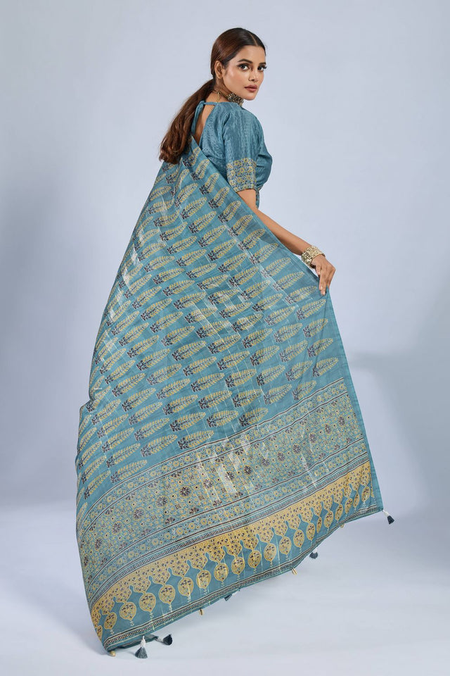 Blue Ajrakh Printed Chiffon Saree (ACA8143)