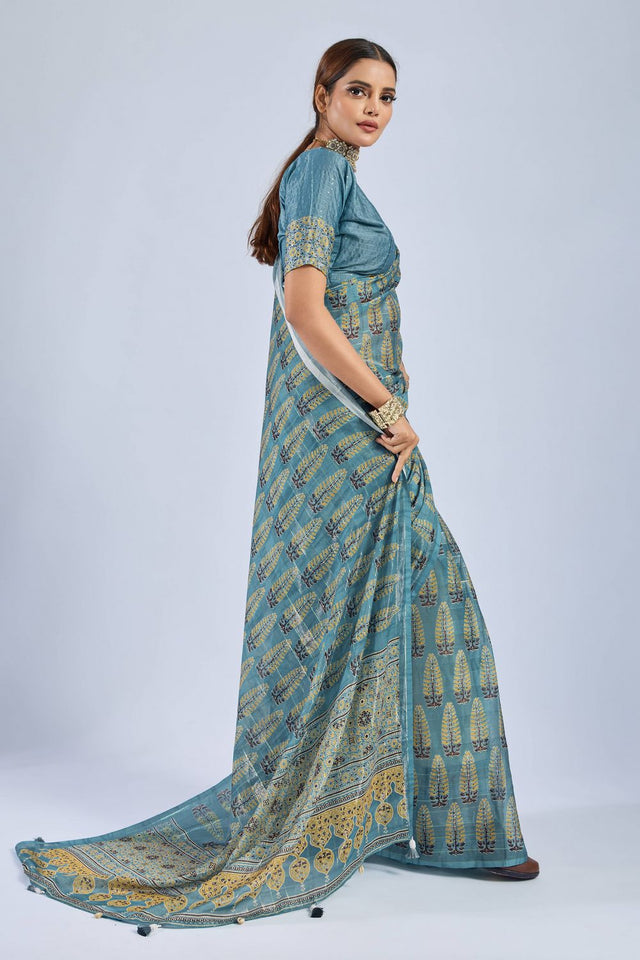Blue Ajrakh Printed Chiffon Saree (ACA8143)