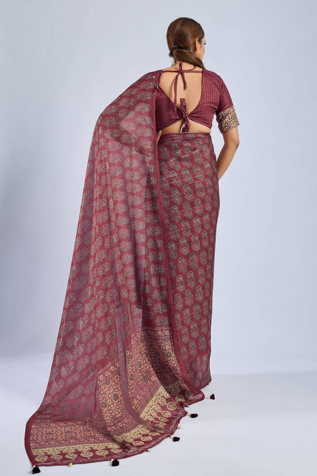 Maroon Ajrakh Printed Chiffon Saree (ACA8144)