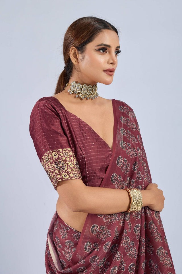 Maroon Ajrakh Printed Chiffon Saree (ACA8144)