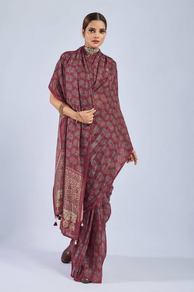 Maroon Ajrakh Printed Chiffon Saree (ACA8144)