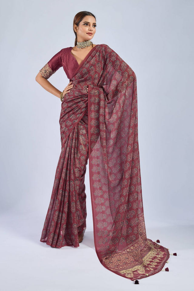 Maroon Ajrakh Printed Chiffon Saree (ACA8144)