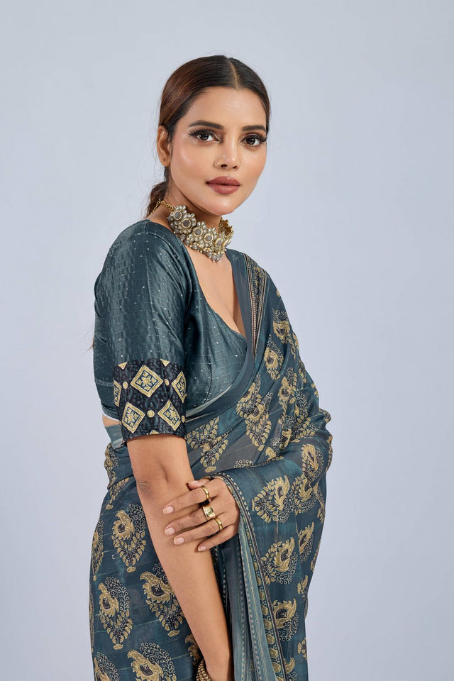 Green Ajrakh Printed Chiffon Saree (ACA8145)