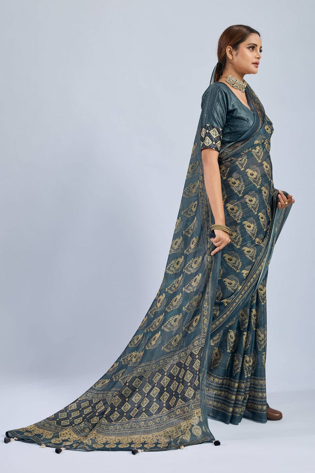 Green Ajrakh Printed Chiffon Saree (ACA8145)