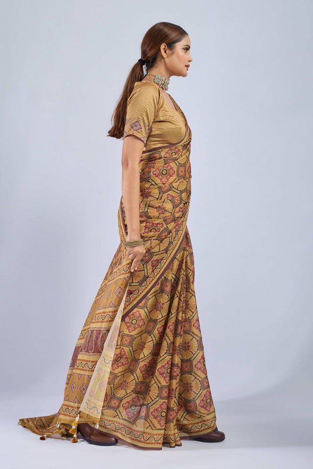 Yellow Ajrakh Printed Chiffon Saree (ACA8146)