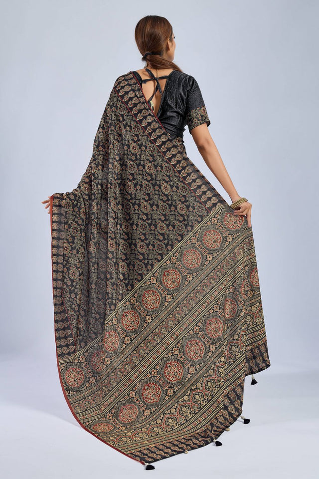 Black Ajrakh Printed Chiffon Saree (ACA8147)