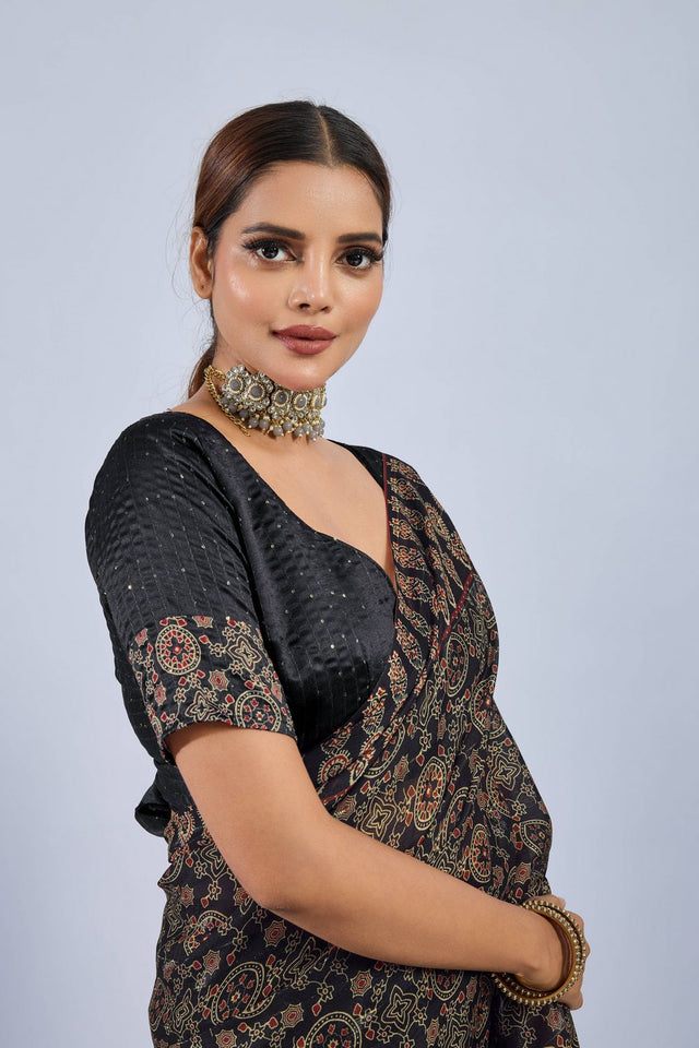 Black Ajrakh Printed Chiffon Saree (ACA8147)