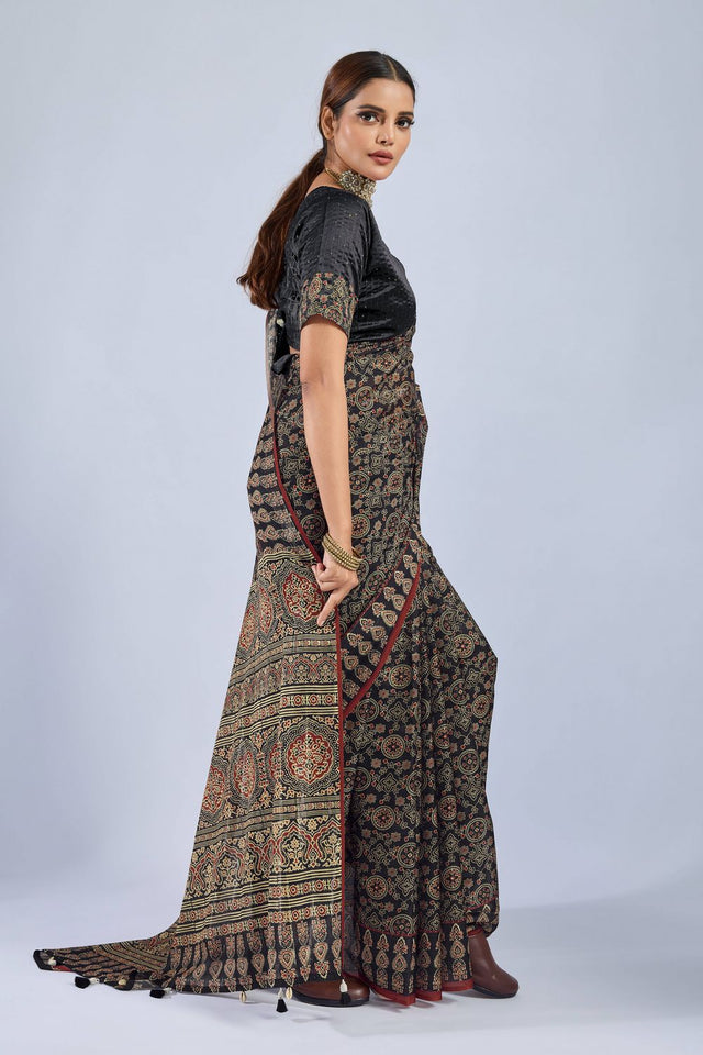 Black Ajrakh Printed Chiffon Saree (ACA8147)