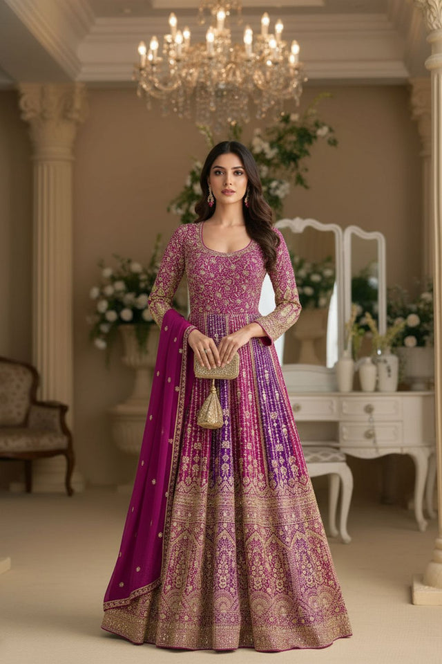 Free Size Stitched Magenta Floral Embroidered Georgette Gown (ACA8148)
