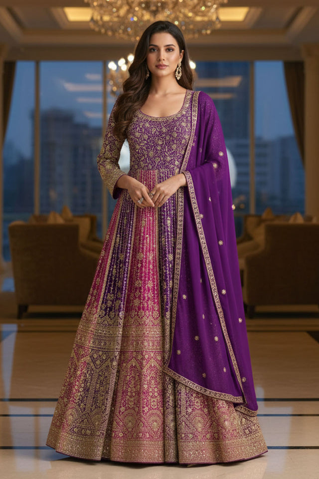 Free Size Stitched Purple Floral Embroidered Georgette Gown (ACA8149)