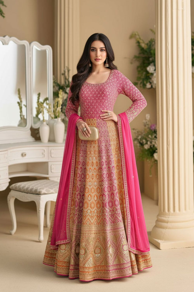 Free Size Stitched Pink Embroidered Georgette Gown (ACA8151)