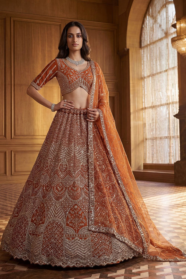 Orange Embroidered Net Lehenga (ACA8171)