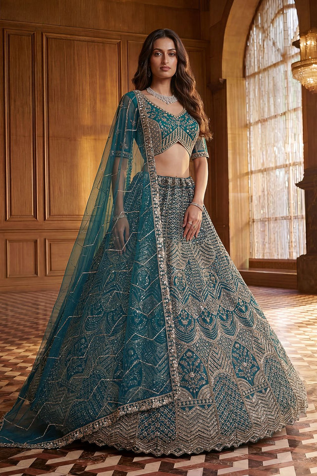 Turquoise Embroidered Net Lehenga (ACA8173)