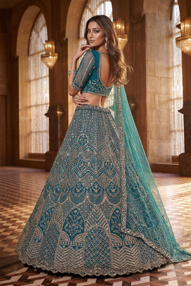Turquoise Embroidered Net Lehenga (ACA8173)