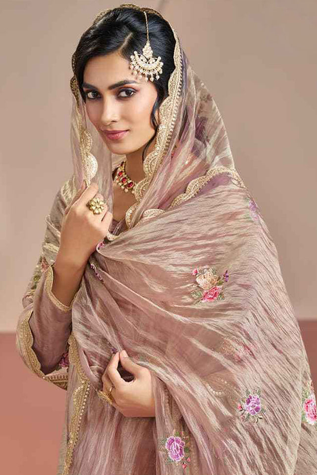 Pink Floral Embroidered Silk Kurti Pant Set (ACA8174)