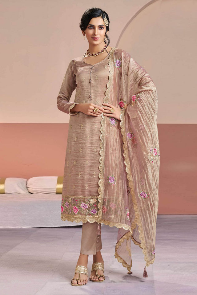 Pink Floral Embroidered Silk Kurti Pant Set (ACA8174)