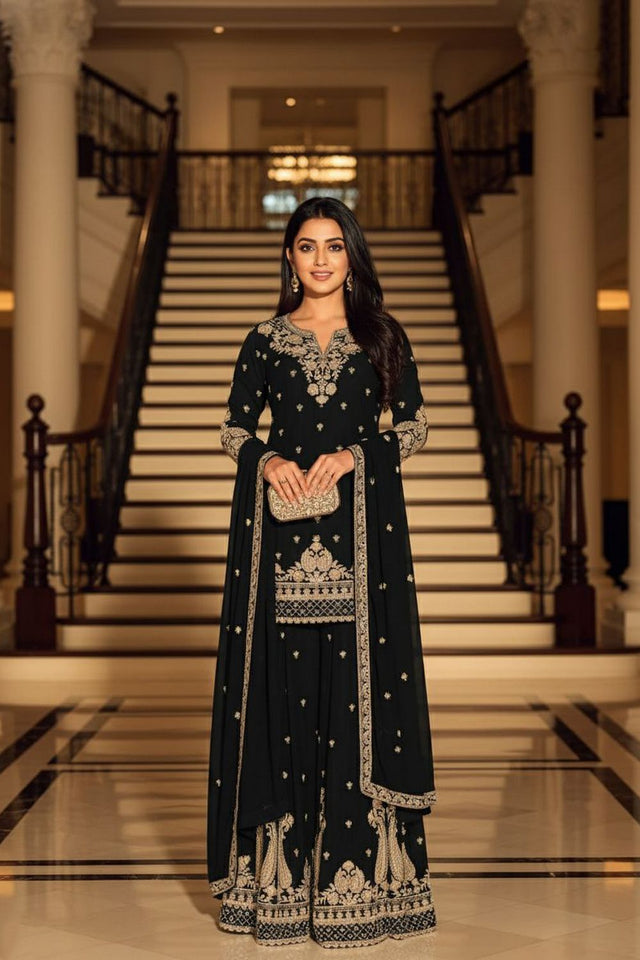 Black Embroidered Chinon Sharara Suit (ACA8238)