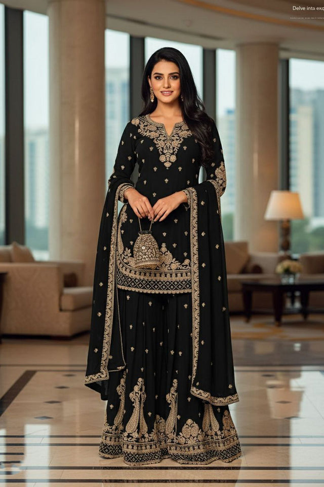 Black Embroidered Chinon Sharara Suit (ACA8238)