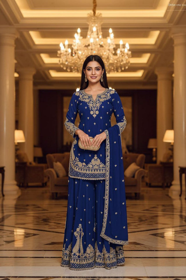 Blue Embroidered Chinon Sharara Suit (ACA8240)