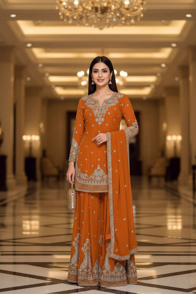 Mustard Embroidered Chinon Sharara Suit (ACA8243)