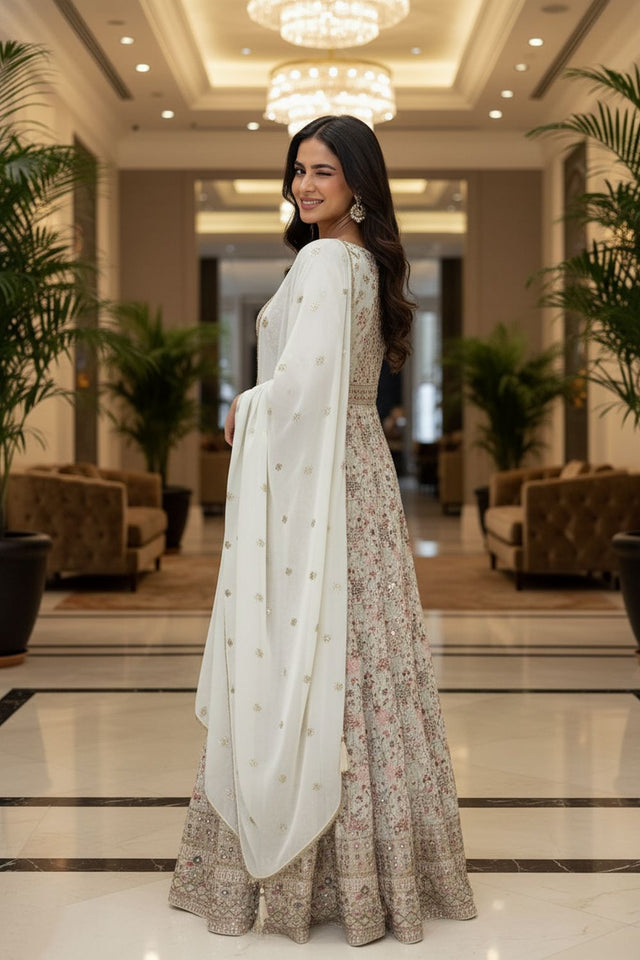 White Embroidered Georgette Gown (ACA8244)