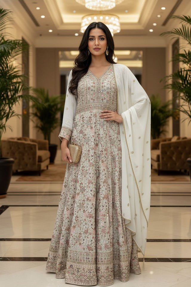 White Embroidered Georgette Gown (ACA8244)