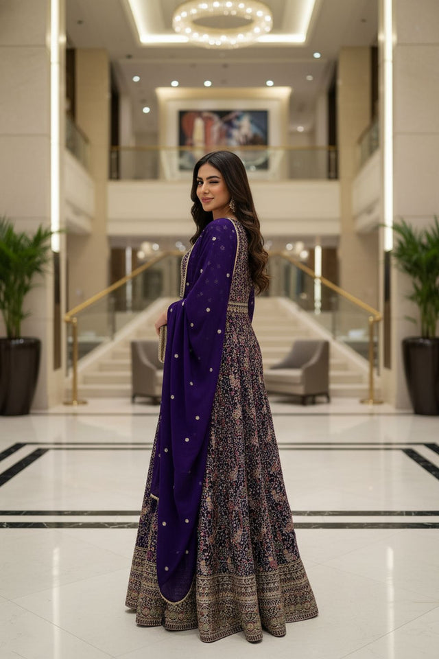 Violet Embroidered Georgette Gown (ACA8246)