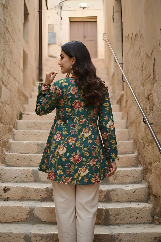 Green Printed Cotton Short Kurti (ACY8259)