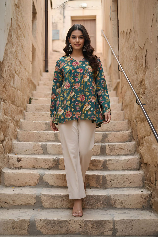 Green Printed Cotton Short Kurti (ACY8259)