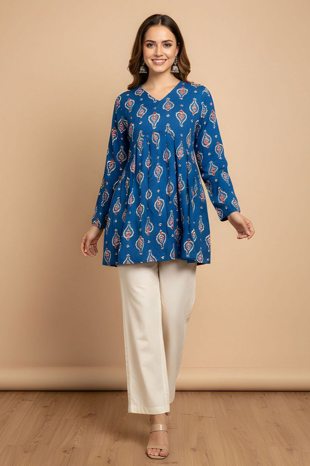 Blue Printed Cotton Short Kurti (ACY8265)