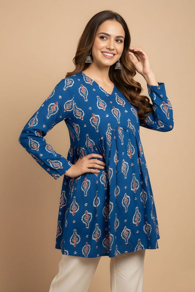 Blue Printed Cotton Short Kurti (ACY8265)